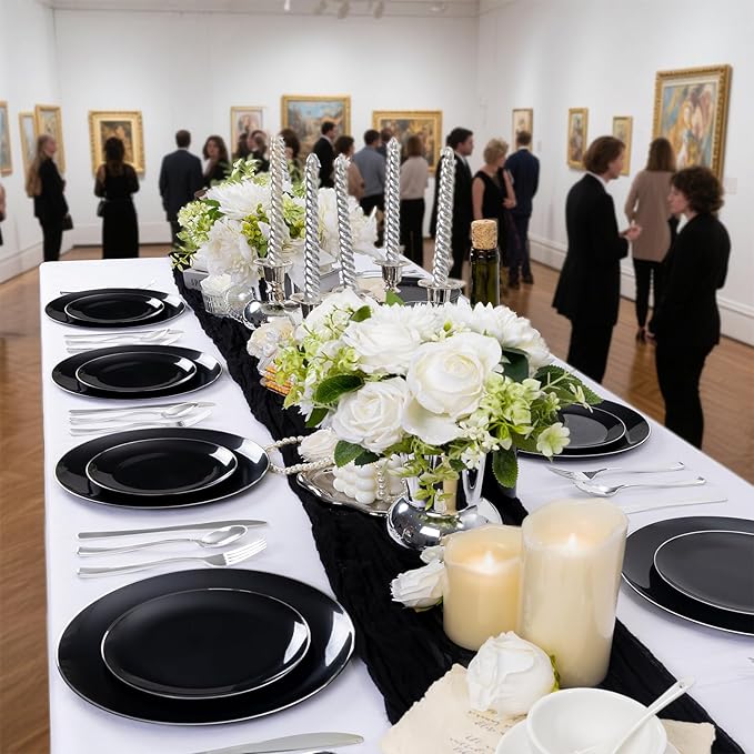 bUCLA 100PCS Black Plastic Plates - Heavy Duty Black Disposable with Silver Rim Include 50 Each (10 inch Dinner & 7 inch Dessert) Plates, Ideal for Party & New Year