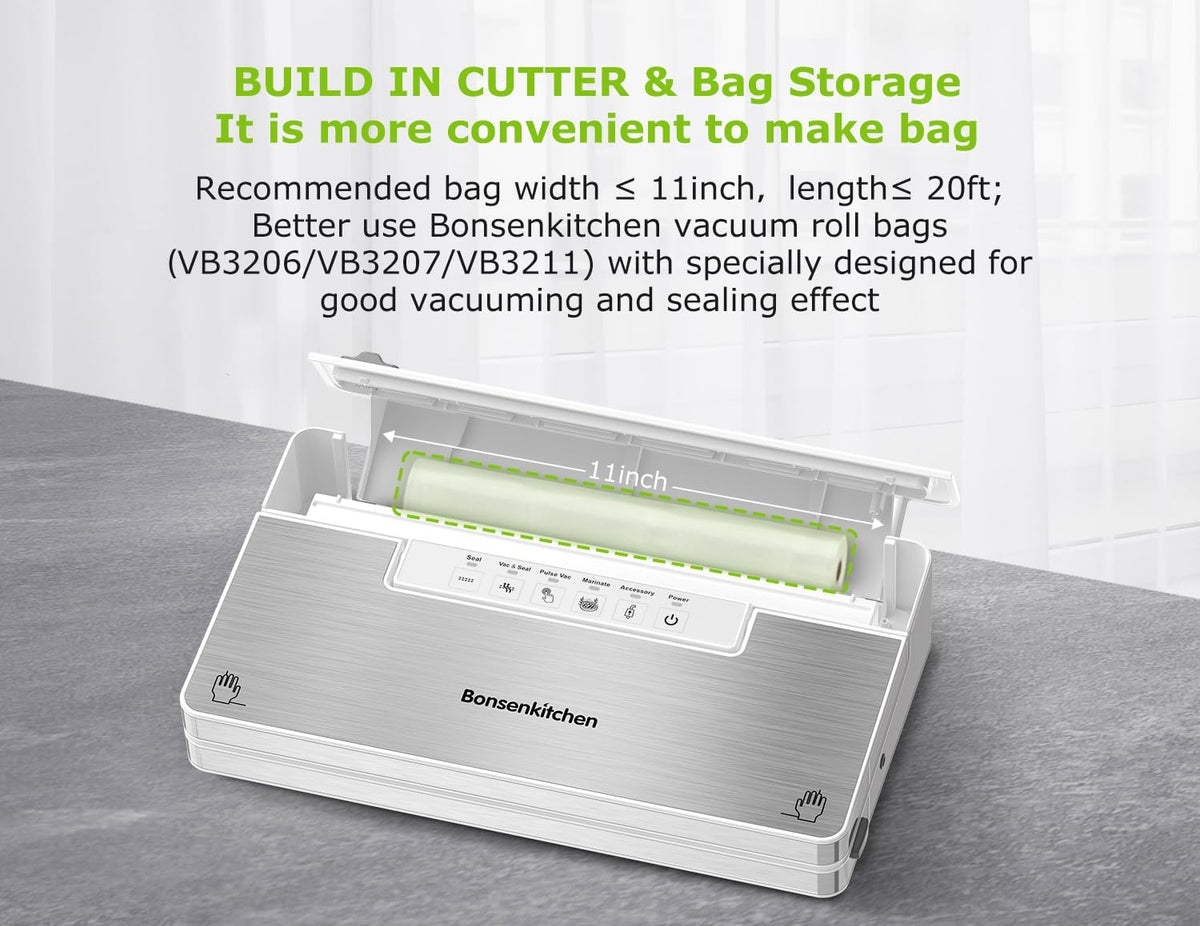 Bonsenkitchen Vacuum Sealer Machine, Stainless Steel Food Sealer Vacuum Sealers with 30 Bags & 1 Roll, 5 Food Vacuum Modes, Built-in Cutter & Bag Storage (White Silver)