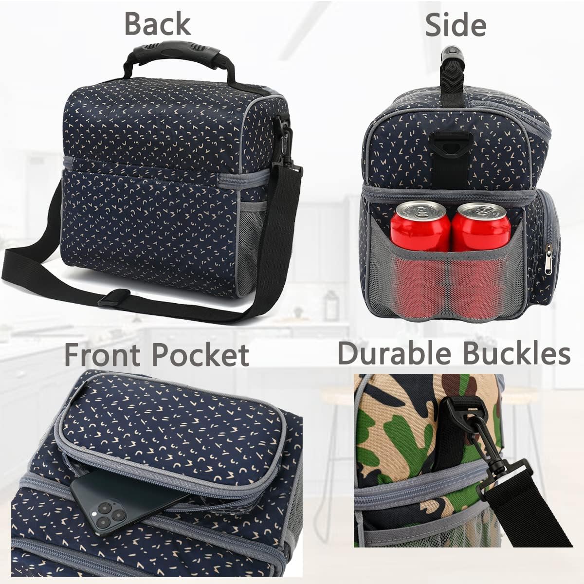 FlowFly Double Layer Cooler Insulated Lunch Bag Adult Lunch Box Large Tote Bag for Men, Women, With Adjustable Strap,Front Pocket and Dual Large Mesh Side Pockets