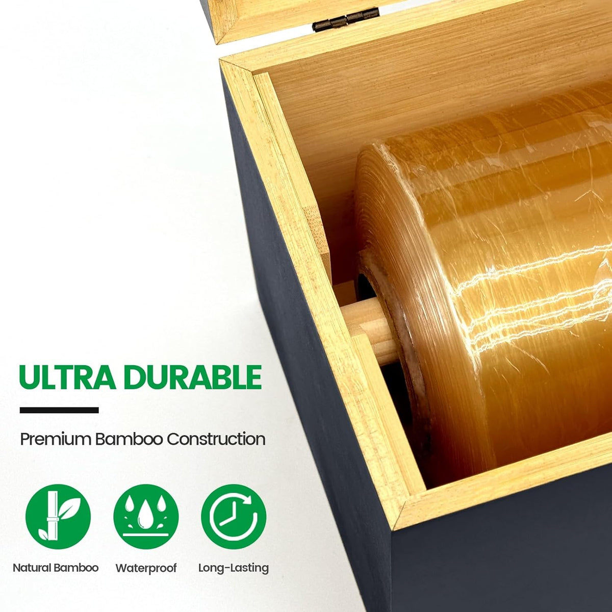 Black 18 Inch Commercial Plastic Wrap Dispenser with Cutter & Roller - Heavy Duty 3000ft Film & 1000ft Foil Holder - Fits Butcher, Freezer, Kraft Paper for Restaurant Kitchen Food Service