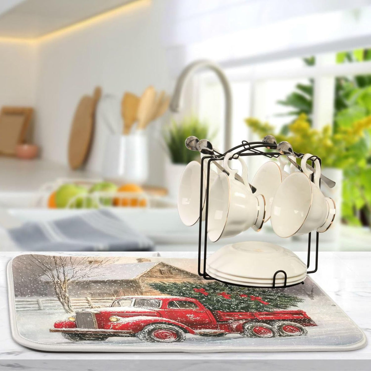 Red Christmas Truck Dish Drying Mat for Kitchen Counter Absorbent Microfiber Drying Pad, Medium 16x18 in, Reversible Drainer Mats