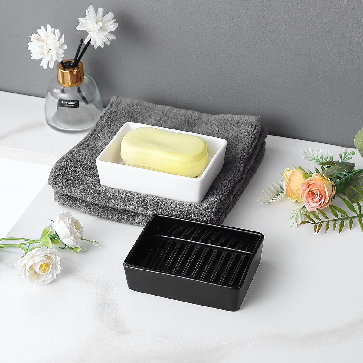 White Rectangle Soap Dish - Modern Ceramic Hand Soap Holder Non-Slip Bar Soap Holder Soap Tray for Bathroom, Kitchen Sink, Shower, Countertop, Easy to Clean
