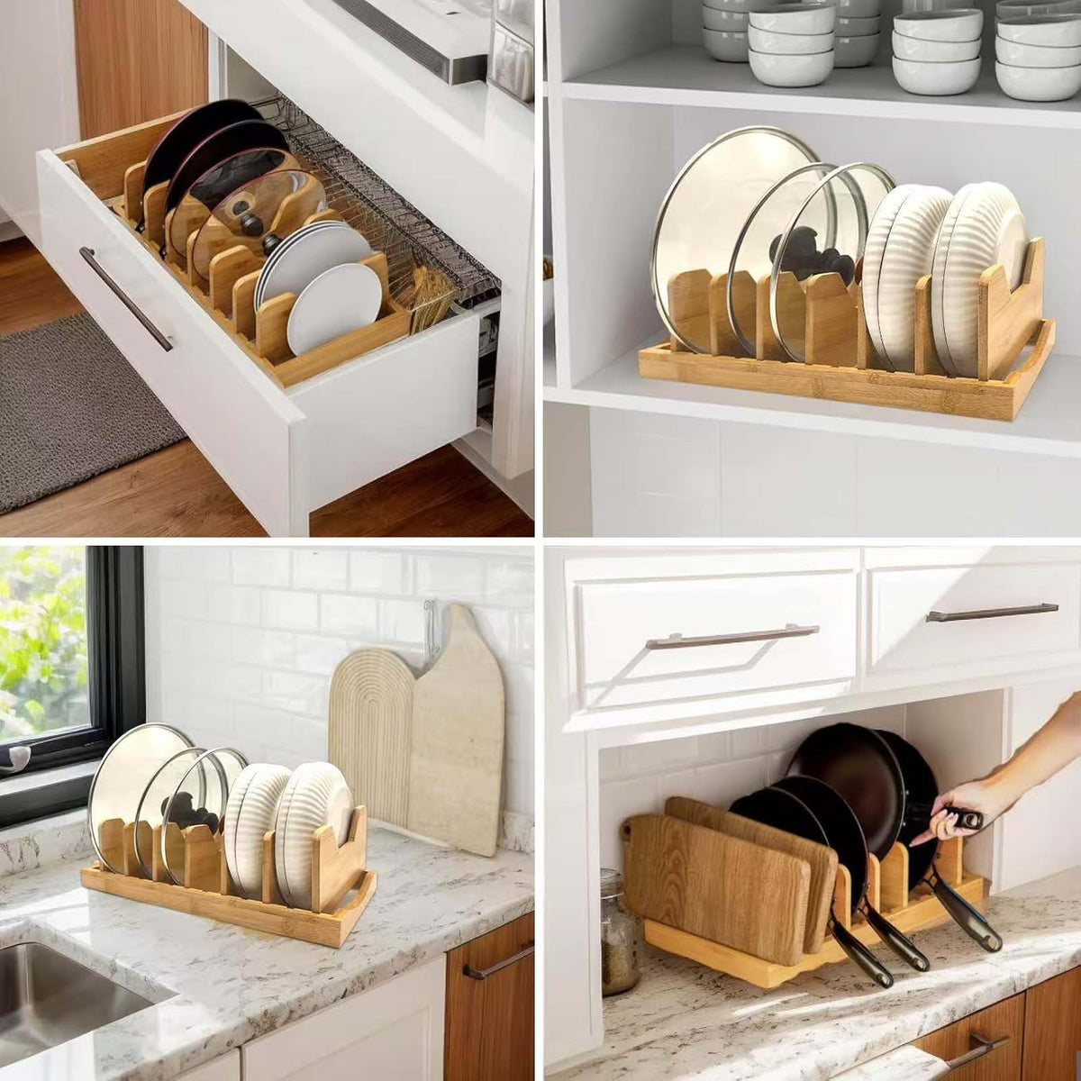 Bamboo Pot Lid Organizer for Cabinet & Kitchen Counter, Pan Lid Organizer Inside Cabinet, Pot Lid Holder, Sheet Pan Rack, Adjustable Pot Cover Holder Rack for Countertop, Under Cabinet Black