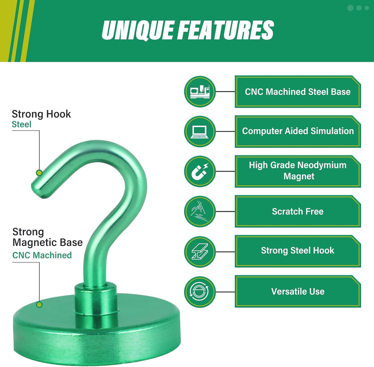 Neosmuk Magnetic Hooks Heavy Duty,Strong Magnet with Hook for Fridge, Super Neodymium Extra Strength Industrial Hooks for Hanging, Magnetic Hanger for Toolbox, Cruise, Grill(Green,10 Pack)