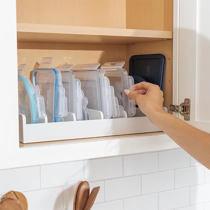 KitchenEdge Bamboo Kitchen Towel and Food-Storage Organizer, Perfect for Kitchen Drawers, Cabinets, Pantry, 5 Adjustable Wall Inserts, Non-Slip Feet, Organize Food Containers, Food-Safe White Finish