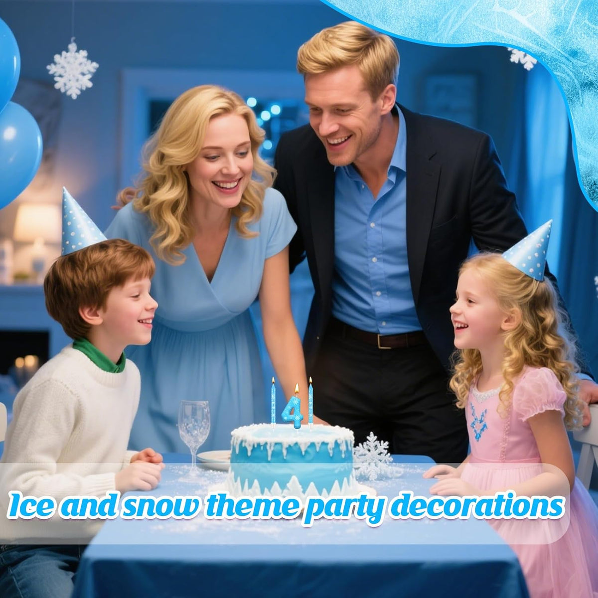 13PCS White and Blue Frozen Themed Party Birthday Candles Set - Blue Number Candles Snowflake Themed Decorations, Girls Party Supplies(Number 4)