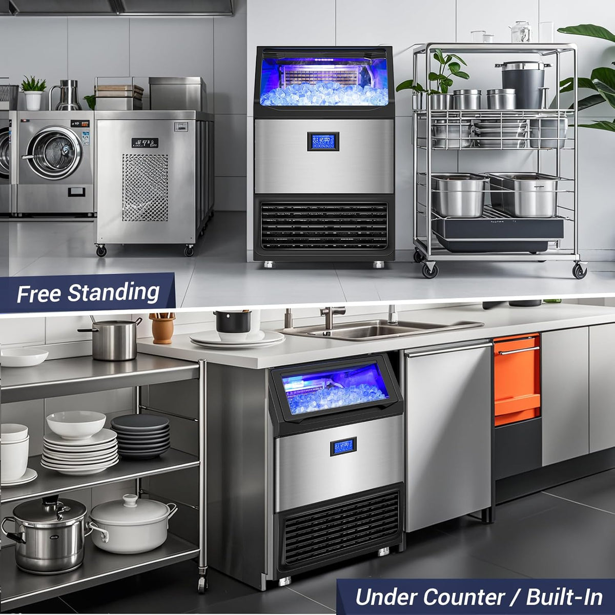 450Lbs/24H Under Counter Commercial Ice Machine with 160LBS Large Storage Bin, Stainless Steel Freestanding Ice Maker for Home Bar Cafe, Include Water Filter and Ice Scoop,Self Cleaning