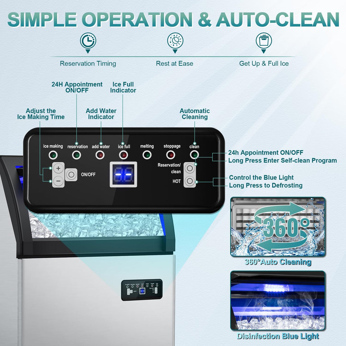 Commercial Ice Maker 260Lbs/24H, Ice Machine 72pcs Ice Cubes, Freestanding Ice Maker Machine with Water Line and Filter, 55Lbs Storage Ice Bin, Stainless Steel Undercounter Ice Maker for Home,Shop,Bar