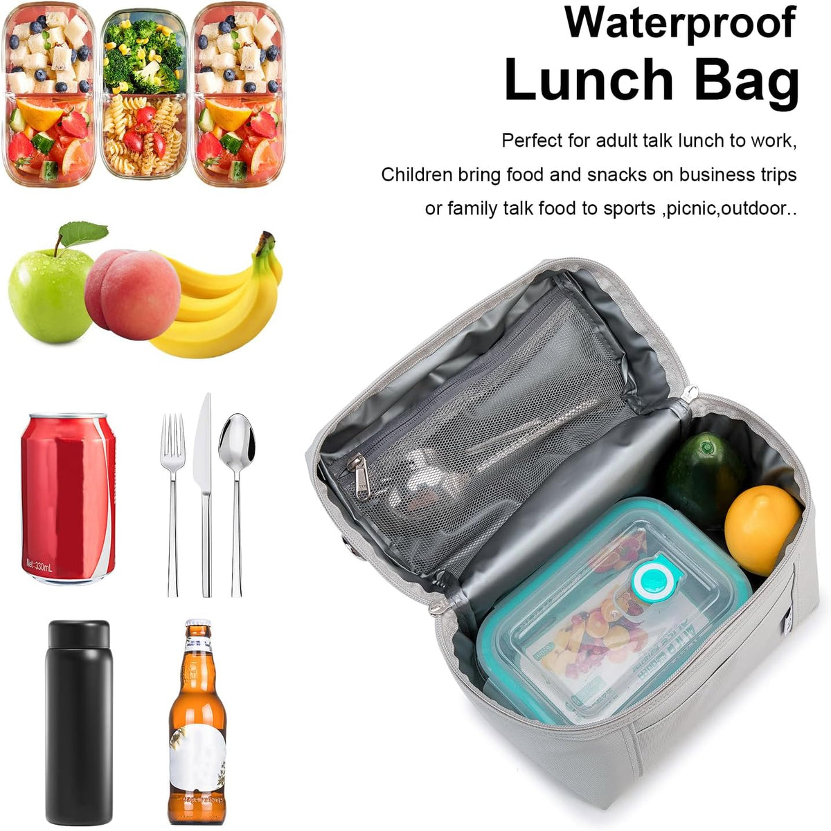 NOL Natural Organic Lifestyle Insulated Lunch Bags for Women Cooler Bag Lightweight Nylon Waterproof Lunch Box For Work (Gray White, Medium(normal))