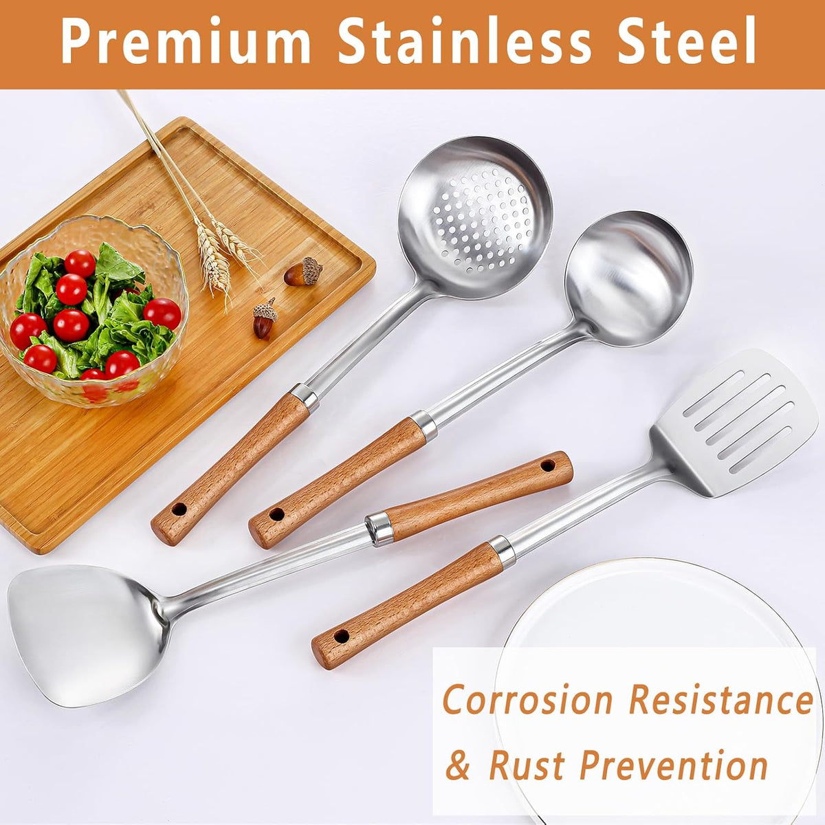 Pleafind 4-Pcs Cooking Utensils Set, Stainless Steel Kitchen Utensils with Wooden Hanlde, Kitchen Essentials Set Include Wok Ladle, Slotted Spoon, Wok Spatula and Slotted Spatula, Dishwasher Safe