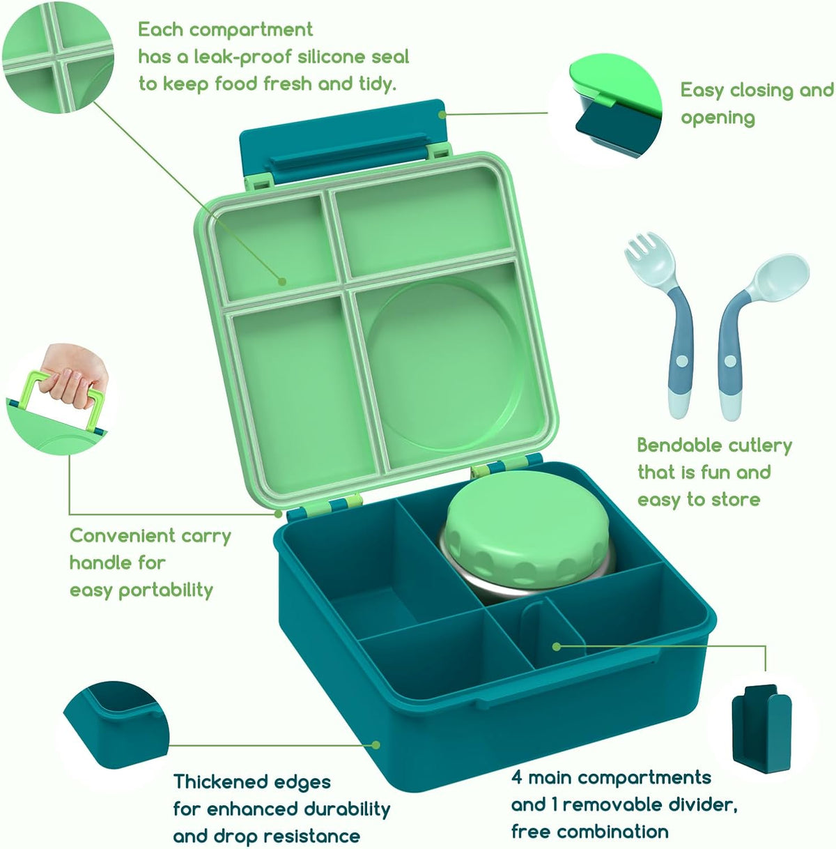 Bento Box for Kids - Leak-Proof Lunch Box with Insulated Thermos Food Jar - 4 Compartments, 1 Removable Divider, 1Spoon, 1 Fork - Dishwasher Safe, BPA-Free (Green)