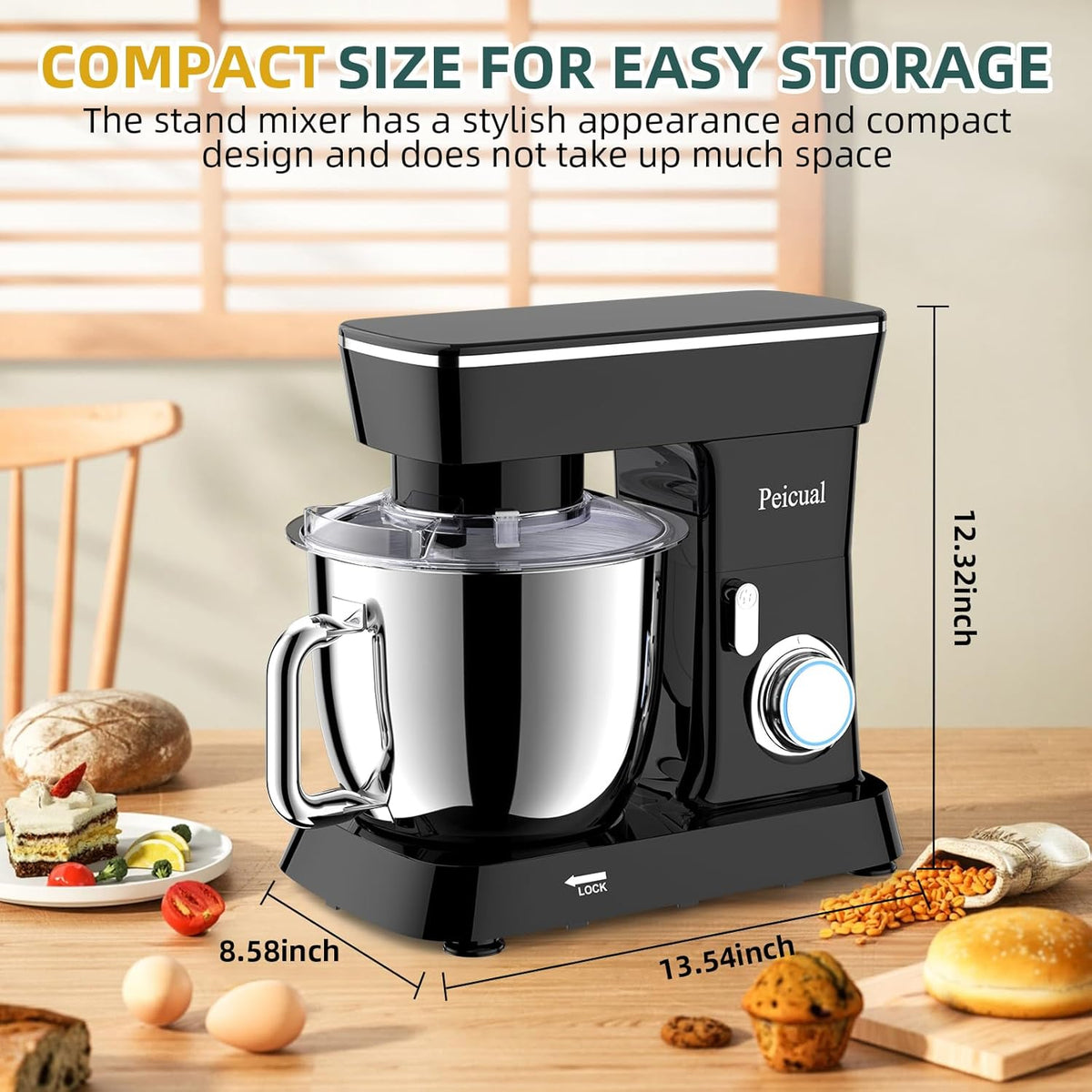 Stand Mixer, 6QT 10+P Speed Tilt-Head Kitchen Electric Mixer, Food Mixer with Stainless Steel Bowl, Dough Hook, Flat Beater, Wire Whisk, Splash Guard for Daily Use - Black