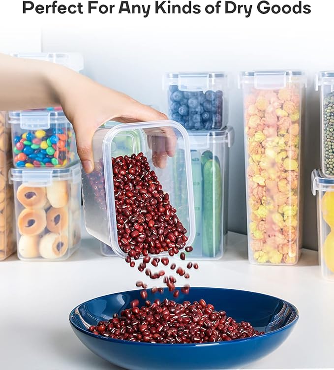 Airtight Food Storage Containers with Lids, Clear Pantry Canister Set for Kitchen Organization, Stackable Organizers for Flour, Sugar, Cereal, Rice, BPA Free Plastic 24 Pack with Different Sizes