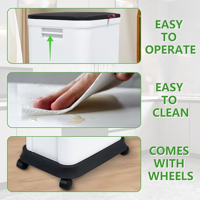 Gintan 13 Gallon Trash Can with Lid, 25-45 L Altitude Variable Bin, Garbage Can with Wheels for Kitchen, Bathroom, Bedroom, Office, with Two Space-Saving Hangable Small Waste Bin and Garbage Bag