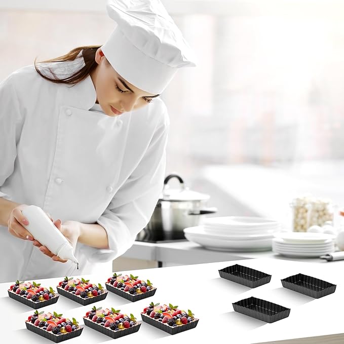 Tessco 16 Pieces Mini Tart Pans with Removable Bottom Nonstick Quiche Mini Pie Tart Pans Bakeware Mold Fluted Side for Pies(Black Rectangle,4.33 x 2.36 x 0.79 Inch)