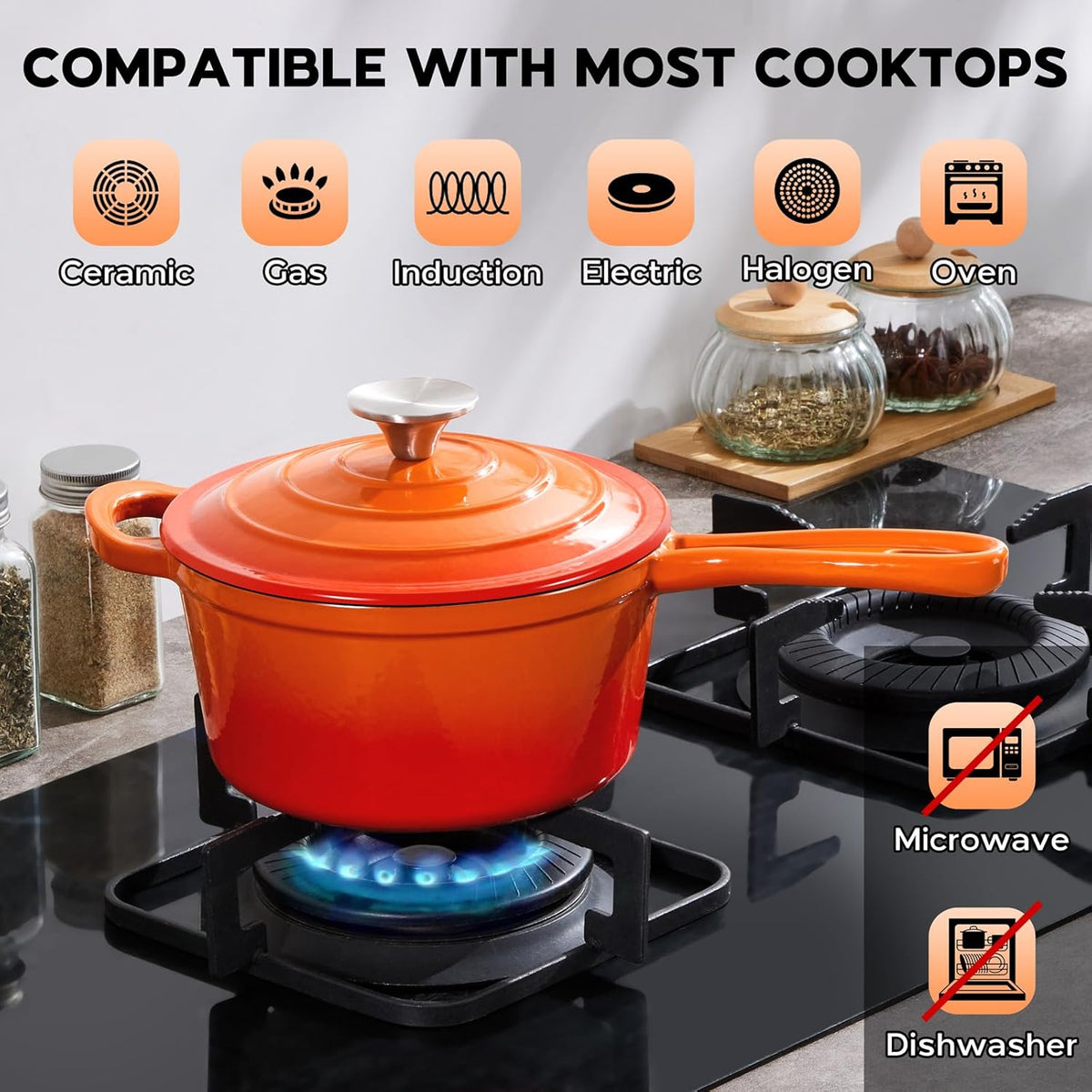 2 Quart Saucepan with Lid, Onader Enameled Cast Iron Sauce Pan, Small Cooking Sauce Pot, Enamel Dutch Oven Pot Nonstick – Sunset Orange
