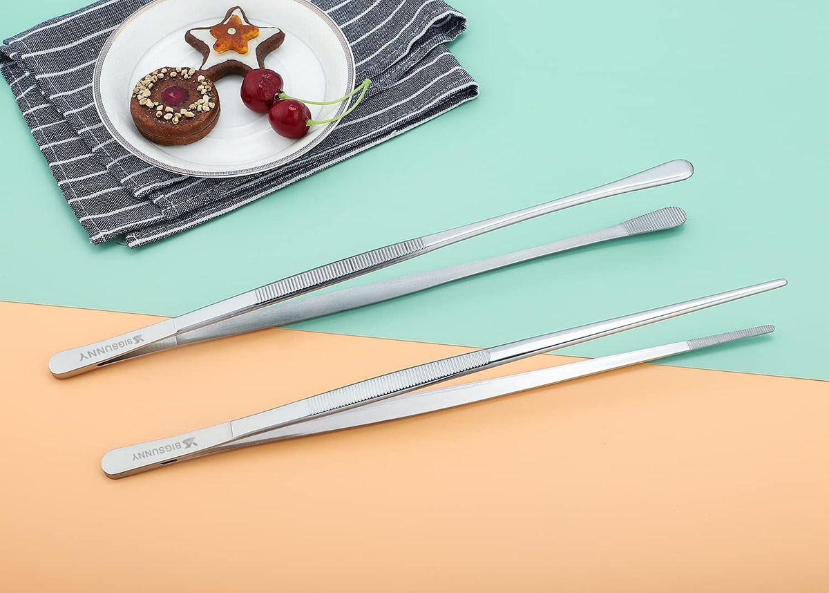 MSY BIGSUNNY Stainless Steel Food Tweezers Multi-function Cooking Tongs Kitchen Serving Tong (12" Round & 12" Pointed Tweezers)