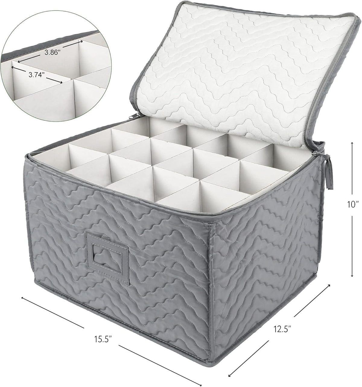 LotFancy Stemware Storage Container - Deluxe Quilted Storage Case with Dividers for 12 - Wine Glasses, Champagne Flutes, Glassware, Drinkware Storage Box Chest, 15.5"x12.5"x 10", Gray