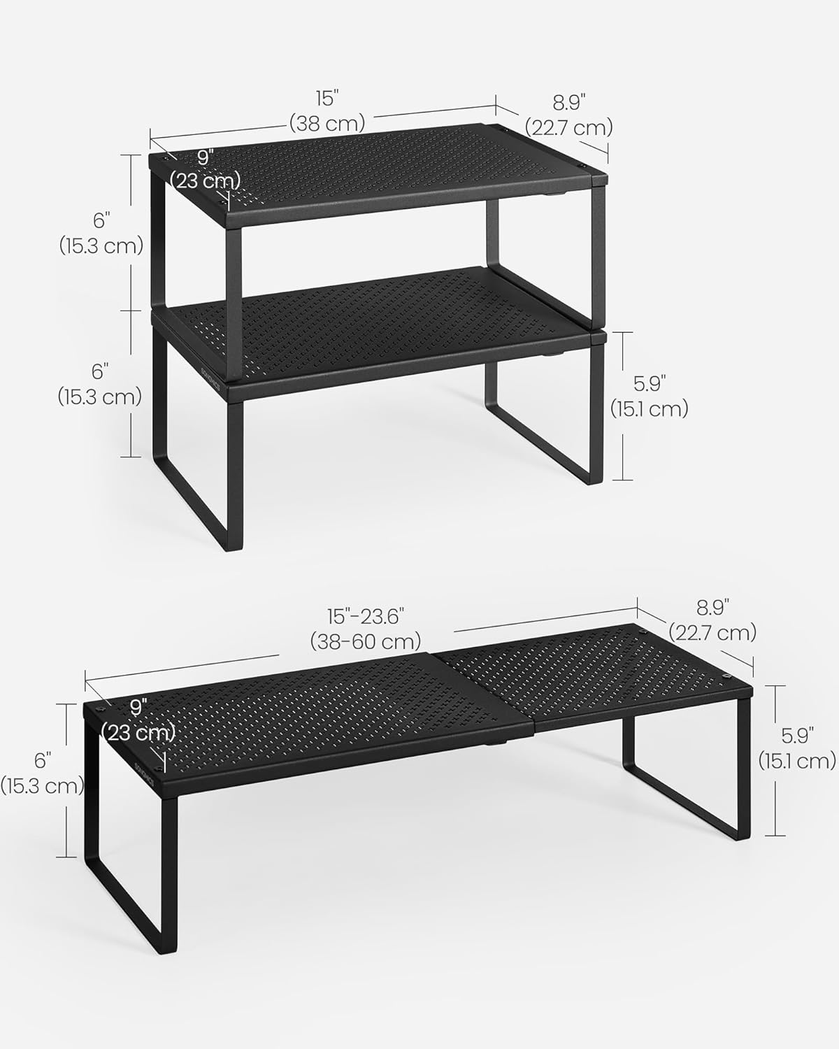 SONGMICS Set of 2 Expandable Pantry Kitchen Organizers, Adjustable Spice Rack, Stackable Cabinet Organizers, Metal, Space-Saving Tabletop Shelves, Matte Black UKCS402B01