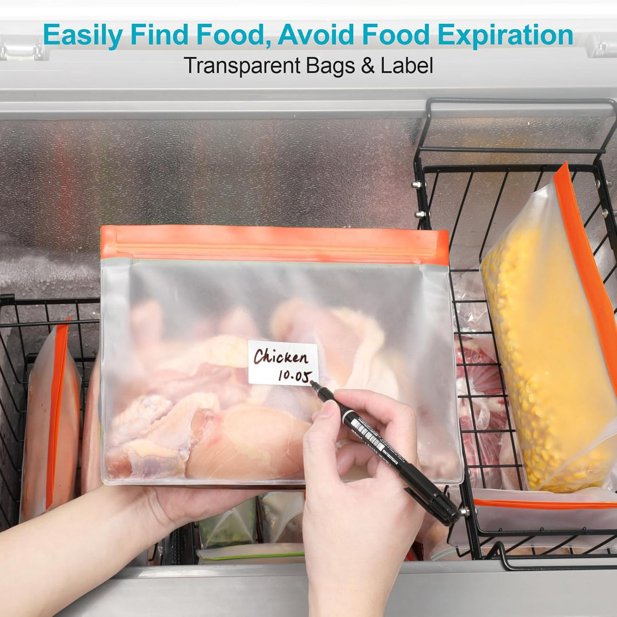 iSPECLE Reusable Gallon Freezer Bags - 6 Pack Freezer Bags BPA-Free with Stand-Up Bottom and Label, Easy to Get Frozen Meat, Vegetables, Fruit, Leakproof Freezer Storage Bags Keep Food Fresh, Orange