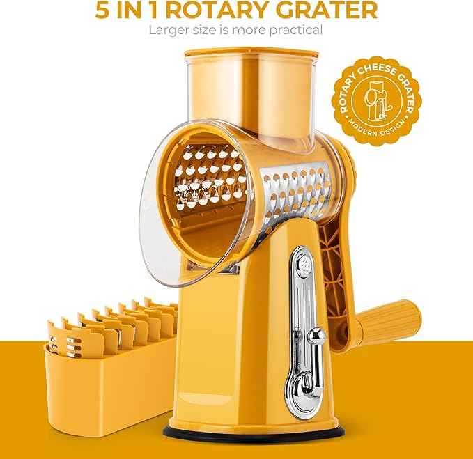 SUSTEAS Rotary Cheese Grater with Handle - Vegetable Shredder with 5 Well-designed Blades & Strong Suction Base,Round Mandoline Slicer & Food Chopper for Kitchen,with Blade Storage Box(Yellow)