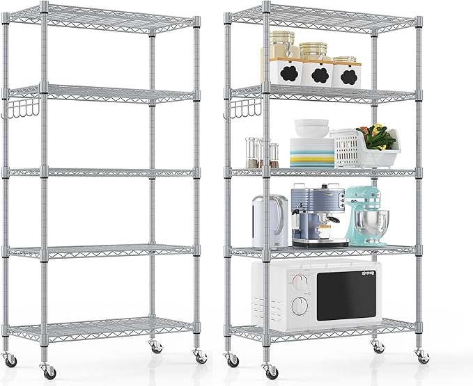 Himimi 5-Tier Storage Shelf Wire Shelving Unit on Wheels, Adjustable Heavy Duty Metal Shelves with Side Hooks, Steel Rack Organization for Kitchen Garage Basement, Silver