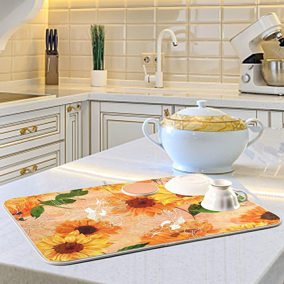 Super Absorbent Dish Drying Mat, Microfiber Fast-Drying Dish Mat, 24" x 18", Kitchen Dish Drying Pad, Watercolor Sunflowers