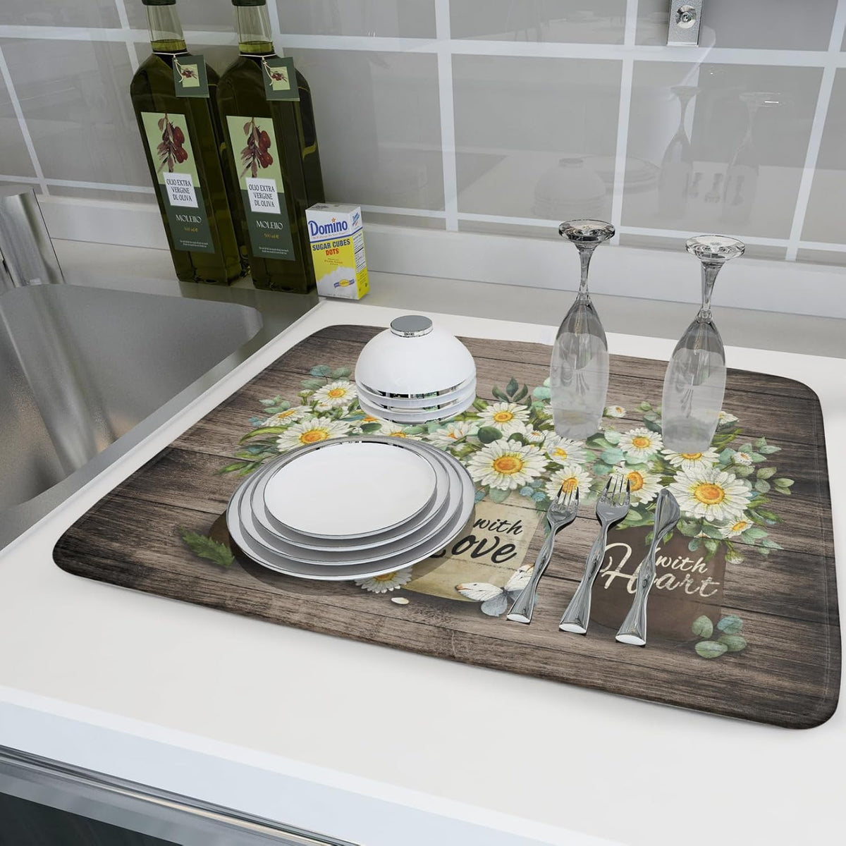 Flower Vase Dish Drying Mats 18×24 Inch Rustic Wood Reversible Microfiber Kitchen Countertop Protector Fast Dry Dish Drainer Rack Pad