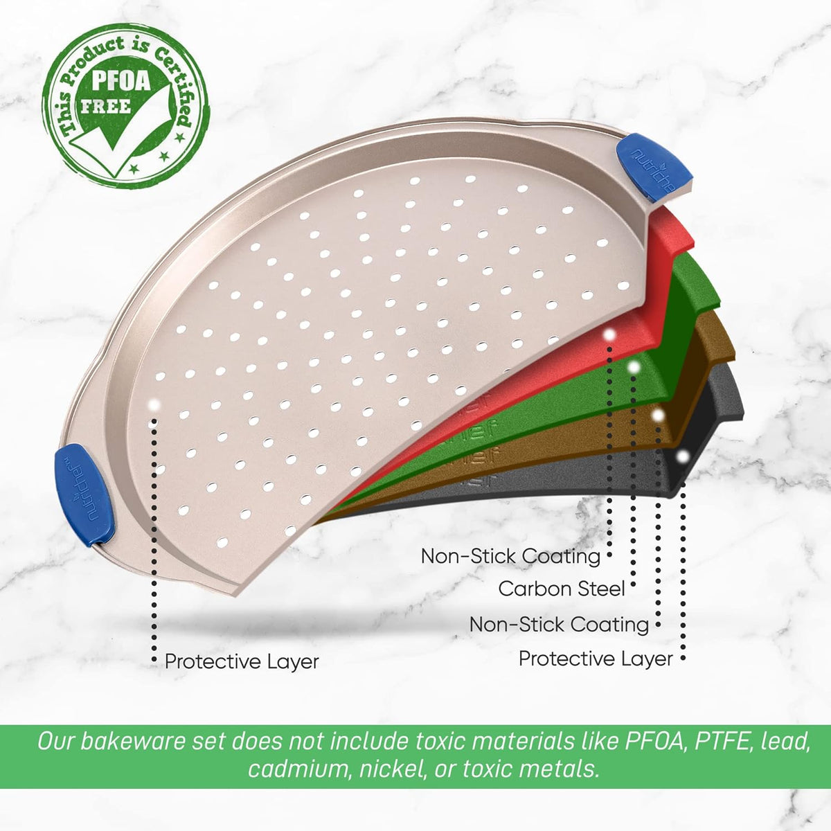 NutriChef 13-Inch Non-Stick Pizza Tray - with Silicone Handle, Round Steel Non-stick Pan with Perforated Holes, Premium Bakeware, Pizza Tray with Extended Handles, Dishwasher Safe - Champagne Gold