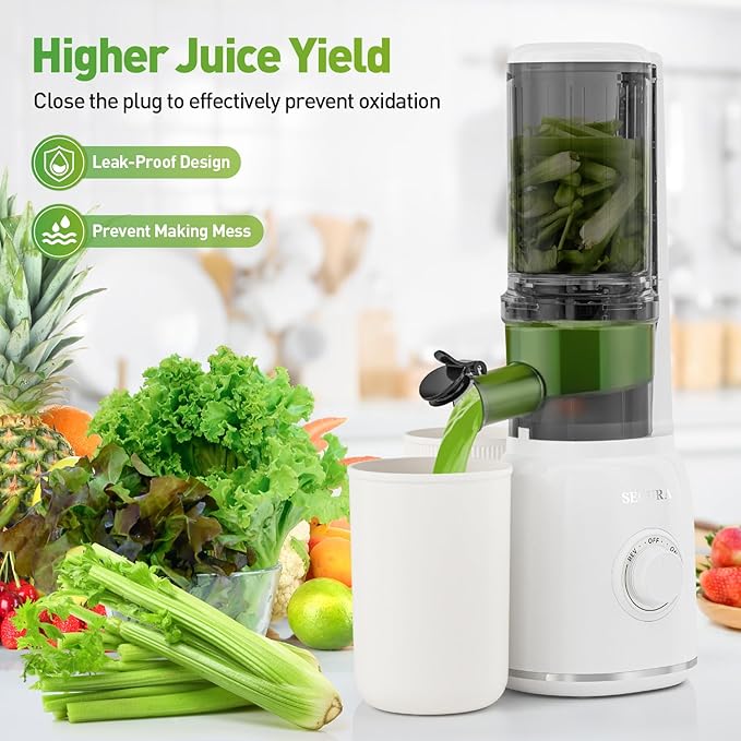 Secura Mesh Free Slow Juicer with Stainless Steel Prong Spiral Auger, Cold Press Juicer, Masticating Juicer Machines with Quiet Motor & Reverse Function for Vegetables and Fruits, White