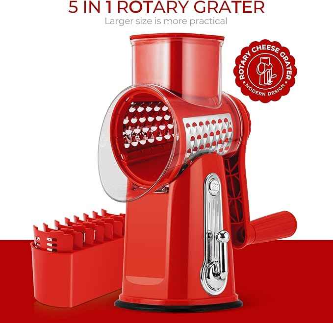 SUSTEAS Rotary Cheese Grater with Handle - Vegetable Shredder with 5 Well-designed Blades & Strong Suction Base,Round Mandoline Slicer & Food Chopper for Kitchen,with Blade Storage Box(Red)