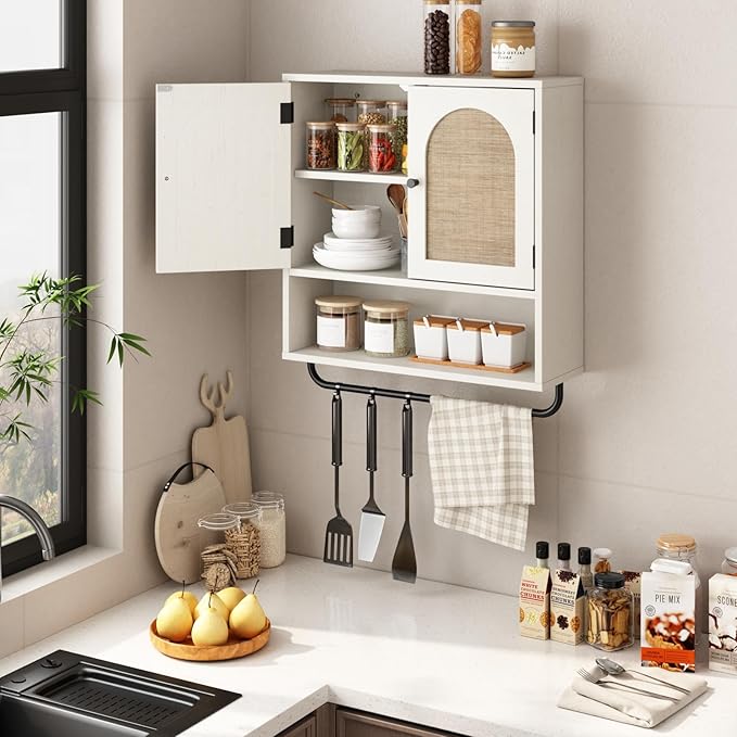RUSTOWN Rattan Bathroom Wall Cabinet, Boho Medicine Cabinet with 2 Arched Doors, Farmhouse Over The Toilet Storage Cabinets with Adjustable Shelves & Towel Bar, 3-Tier Wall Mounted Cabinets