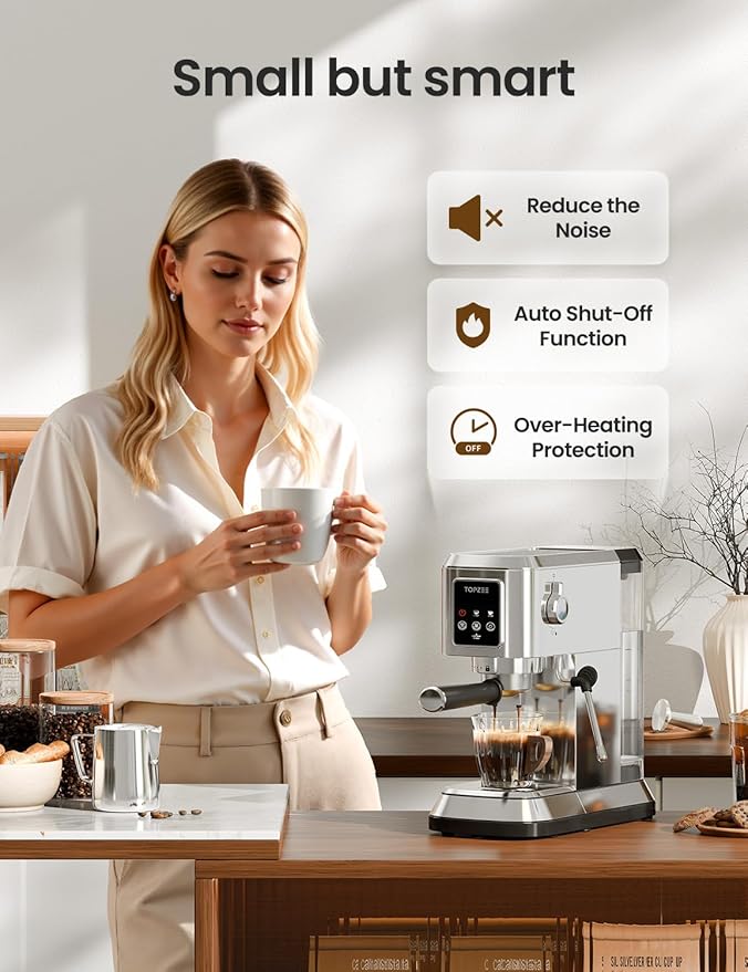 topzee Espresso Machine 20 Bar, Compact Coffee Maker with Milk Frother & Cold Brew Function, 52oz Removable Water Tank, Stainless Steel Cappuccino, Latte Maker, Silver