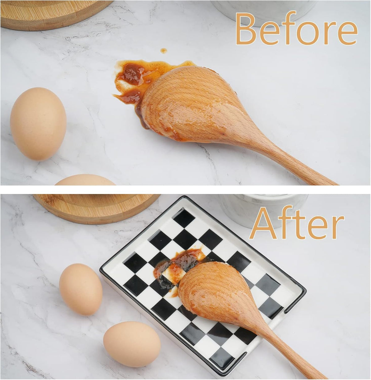 Spoon Rest,Ceramic Spoon Rest for Kitchen Counter Dishwasher Safe Marble Decor Spoon Holder for Kitchen (Large, Black&White, 1)