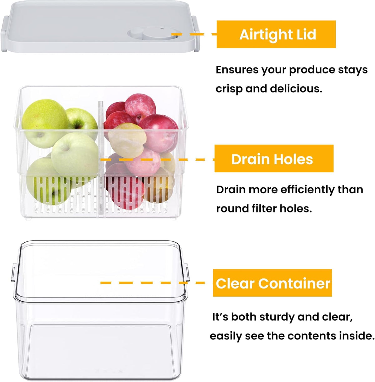 vacane 6 Pack Large Fruit Storage Containers for Fridge with Timing Knob, Produce Saver with Colanders, Lettuce Keeper Vegetable Food Fresh - Dishwasher Safe