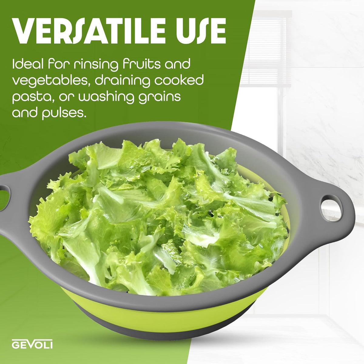 Large Collapsible Colander with Self Draining Base - 5Qt Side Drain Food Strainer for Edge of Kitchen Sink, Green (2 Piece Set)