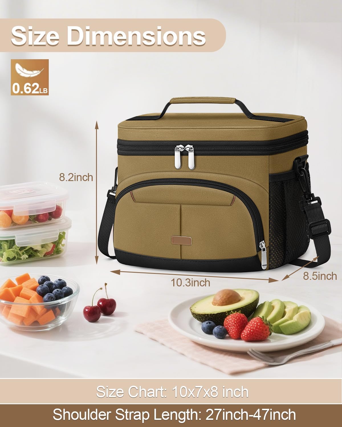 Lunch Box for Man Women, Insulated Lunch Bag Cooler Bag Leakproof Lunchbox Lunch Tote Bags with Removable Strap for Work School Picnic Travel (Khaki/12L