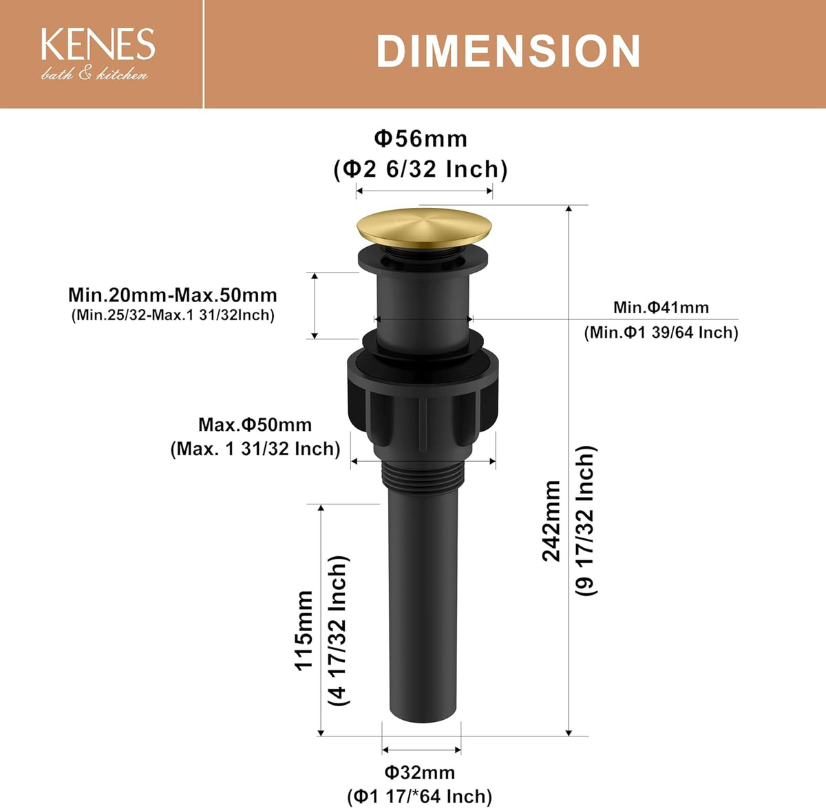 KENES Bathroom Vessel Sink Pop Up Drain Without Overflow Assembly, Lavatory Vanity Sink Drain Stopper, Anti-Clogging Drain Strainer, Brushed Gold, KE-P300A-4