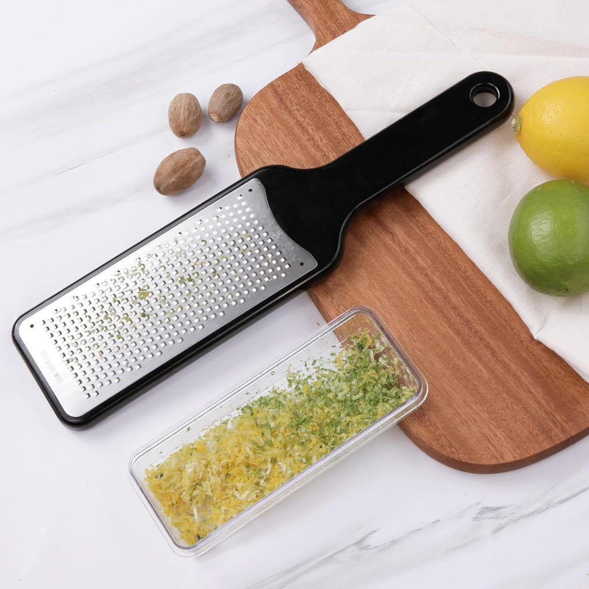 LHS Citrus Lemon Zester Cheese Grater with Container - Stainless Steel Kitchen Tool for Parmesan Cheese, Ginger, Garlic, Nutmeg, Chocolate, Fruits, Dishwasher Safe