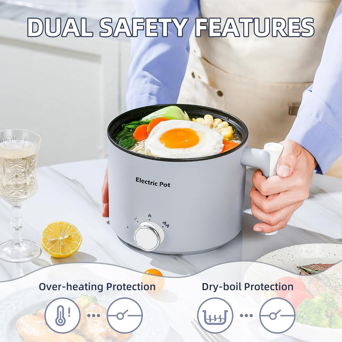 Electric Hot Pot:1.5 L Ramen Cooker, Dual Power Mini Portable Multi-Functional Lazy Pot for Pasta, Noodles, Egg, Soup, Non-Stick Noodle Cooker with Boil Dry Protection for Dorm, Office (Grey)