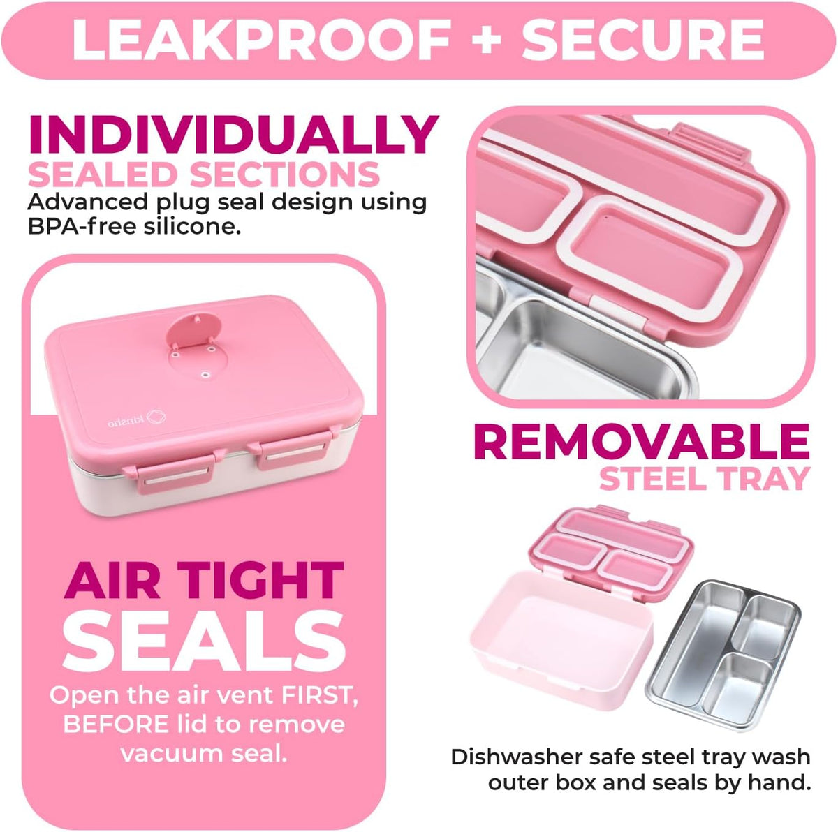 Stainless Steel Bento Box Lunch Container for Kids Adults with Removable Tray, Leakproof Silicone Seals, BPA Free 26 oz/790 mL (Pink)