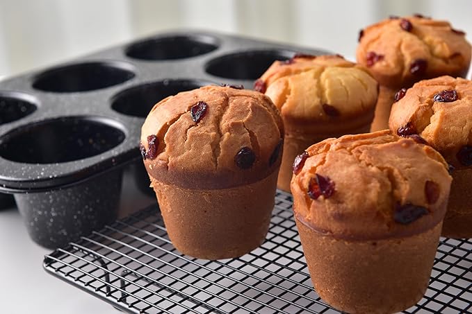 Monfish Jumbo muffin pan 6 Cup, deep muffin pan extra large cupcake tin black granite finish carbon steel baking pan 3.5dia x3 inch cup