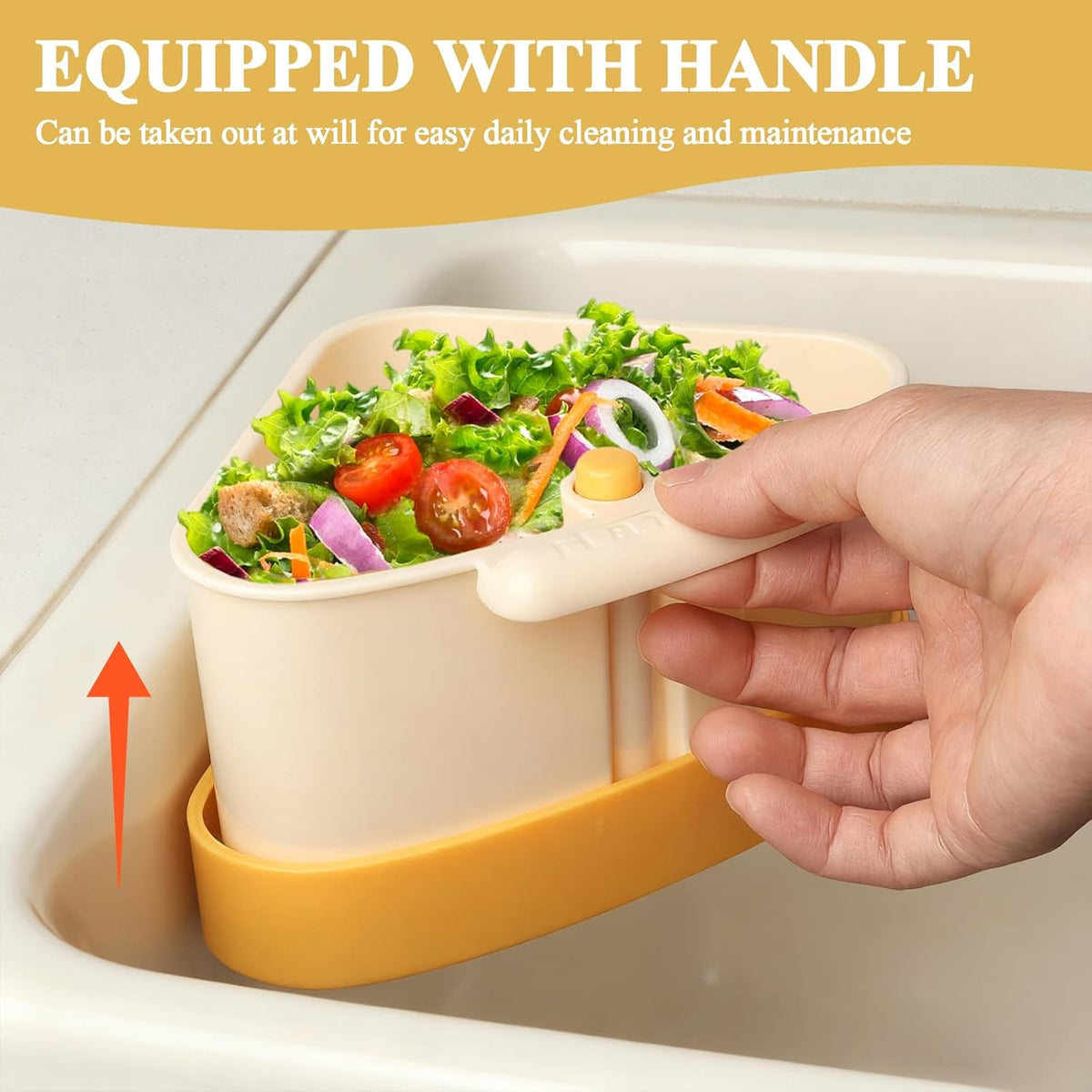 Sink Strainer Basket, 2025 New Upgraded Suction Cup Sink Corner Rack, Triangle Suction Cup Press Sink Drainer Basket, Automatic Dumping Corner Sink Trash Catcher for Kitchen Bathroom (Yellow)