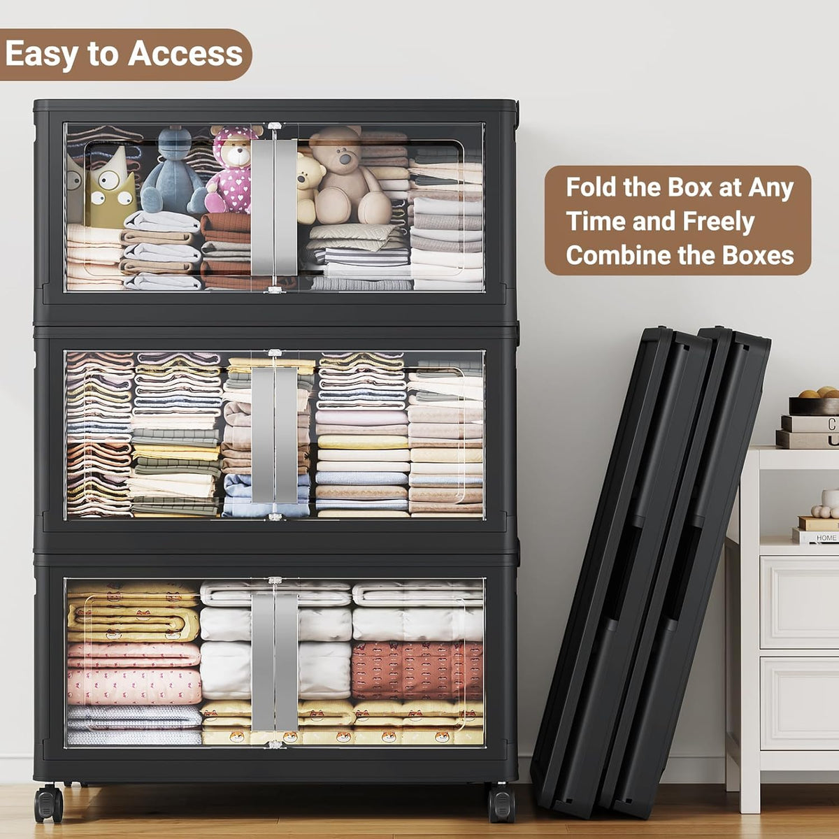 160QT Stackable Storage Bins with Lids, 40Gal Extra Large Collapsible Storage Box with Wheel, Plastic Storages with Clear Door Open Front for Home Bedroom Garage, Black-1pack