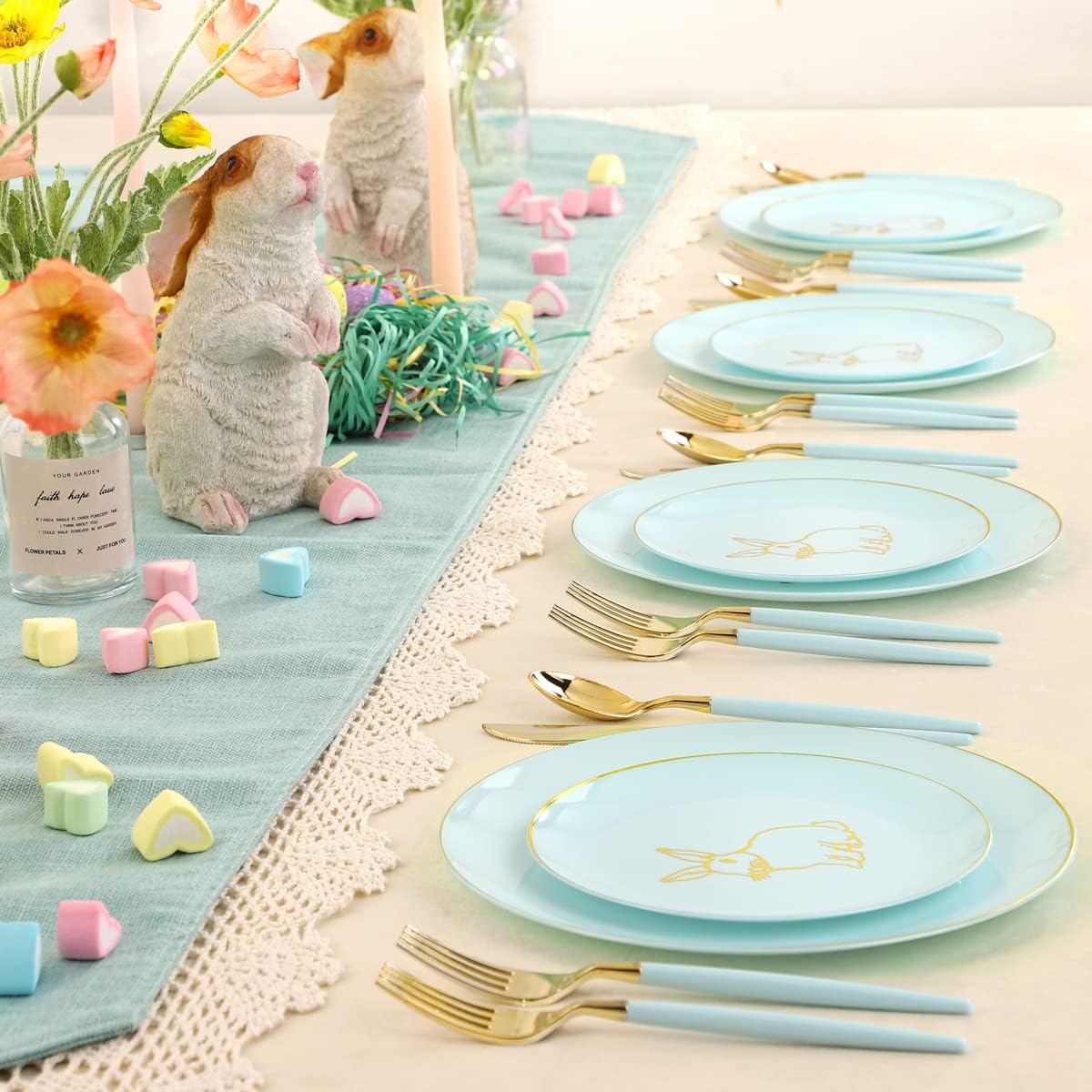 KIRE 60 Pieces Easter plates with Gold Bunny-Mint Green Plastic Plates include 30Pieces 10.25inch Dinner Bunny and 30Pieces 7.5inch Green Dessert/Salad Plates for Easter Day