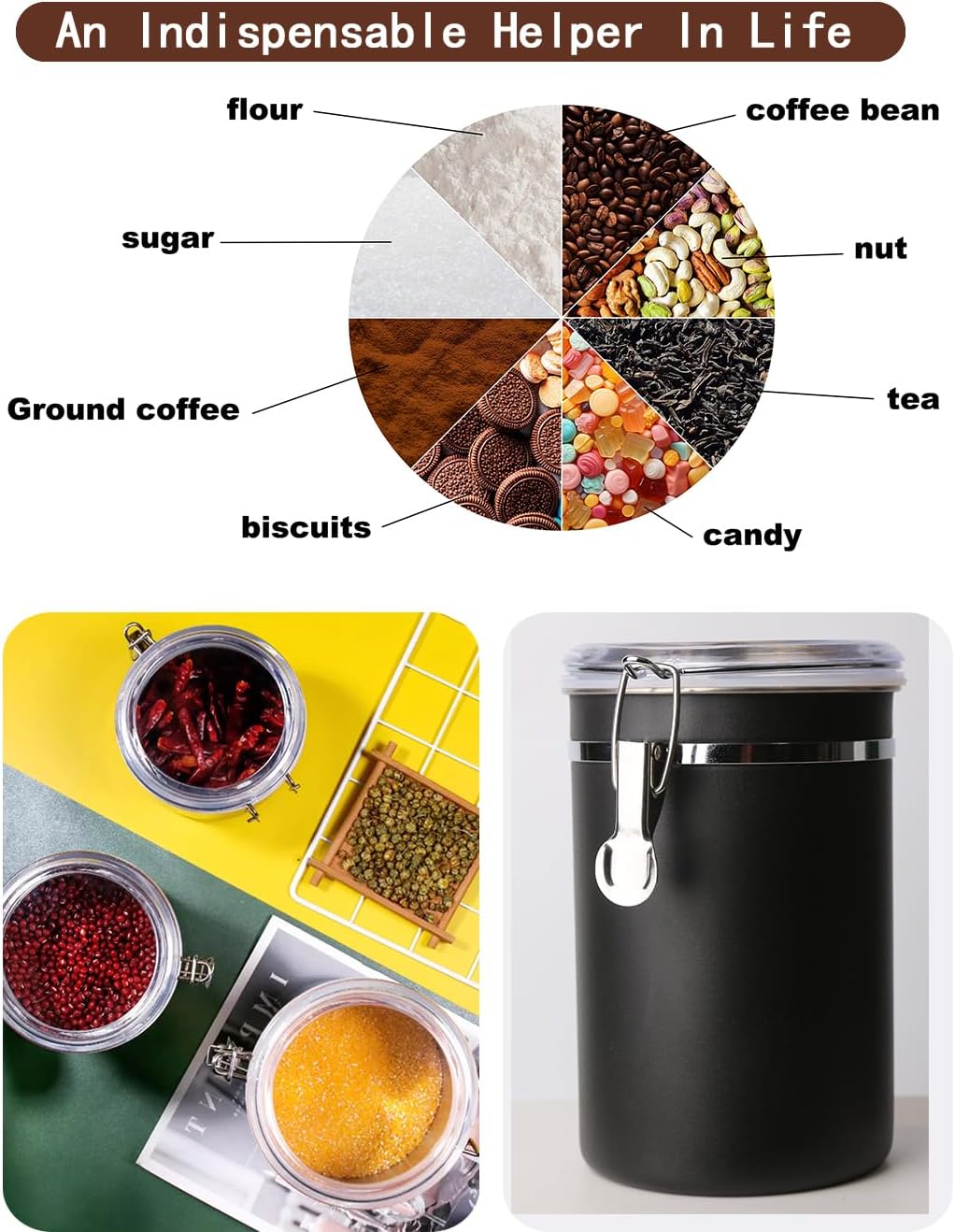 Stainless Steel Food Container with Clear Lids Airtight Storage Container Small Canisters Kitchen Pantry Storage for Cereal, Snacks, Candy, Herbs, Spices, Sugar, Tea (1.8L Dark Black)