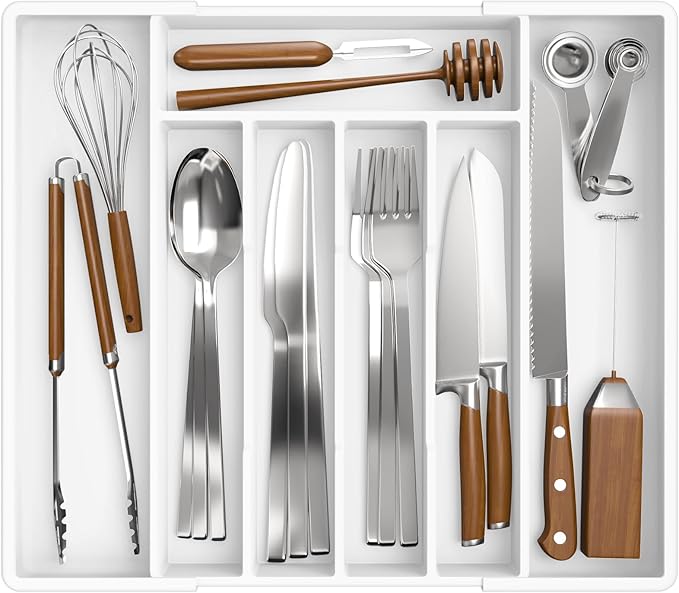 Kitsure Silverware Organizer for Drawers - Expandable Cutlery and Utensil Drawer Organizer with Easy Maintenance, Premium PP Kitchen Organizers and Storage for Flatware, White, 13.2" x 12.2" x 1.6"