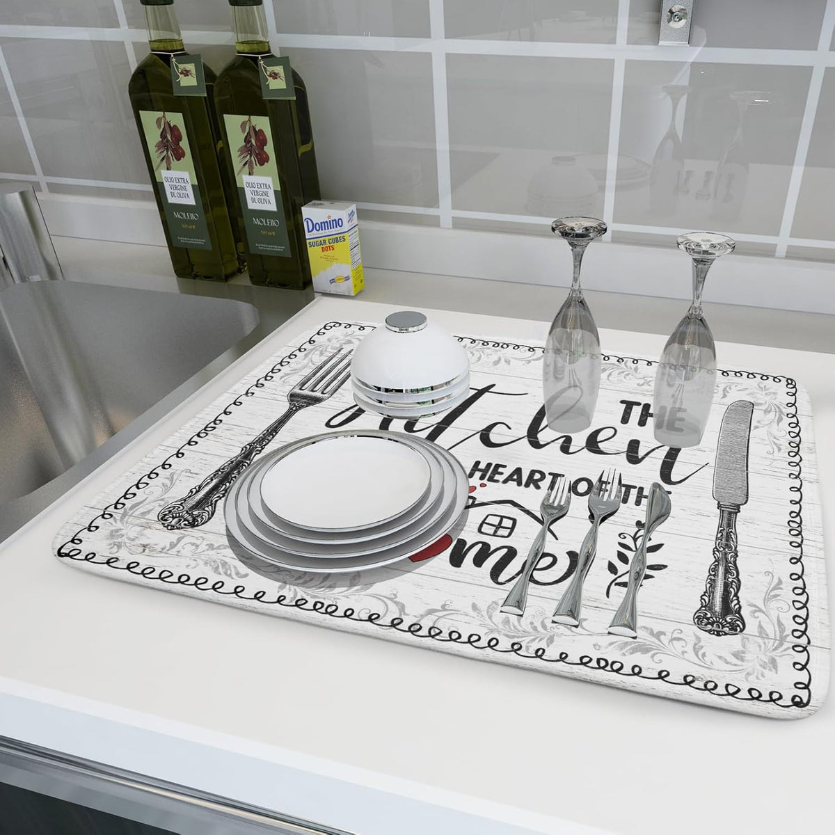 White Kitchen Dish Drying Mat 18x24 Inch Knife Fork Dish Drainer Rack Mats Microfiber Absorbent Protector for Kitchen Countertop Decor
