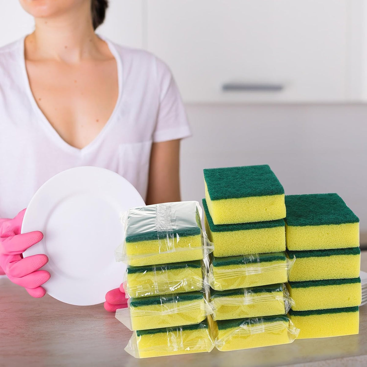 90 Pack Individually Wrapped Sponges Uncompressed Kitchen Dishwashing Non Scratch Scrouing Sponge Bulk for Hotel Car Airbnb Apartments,Green