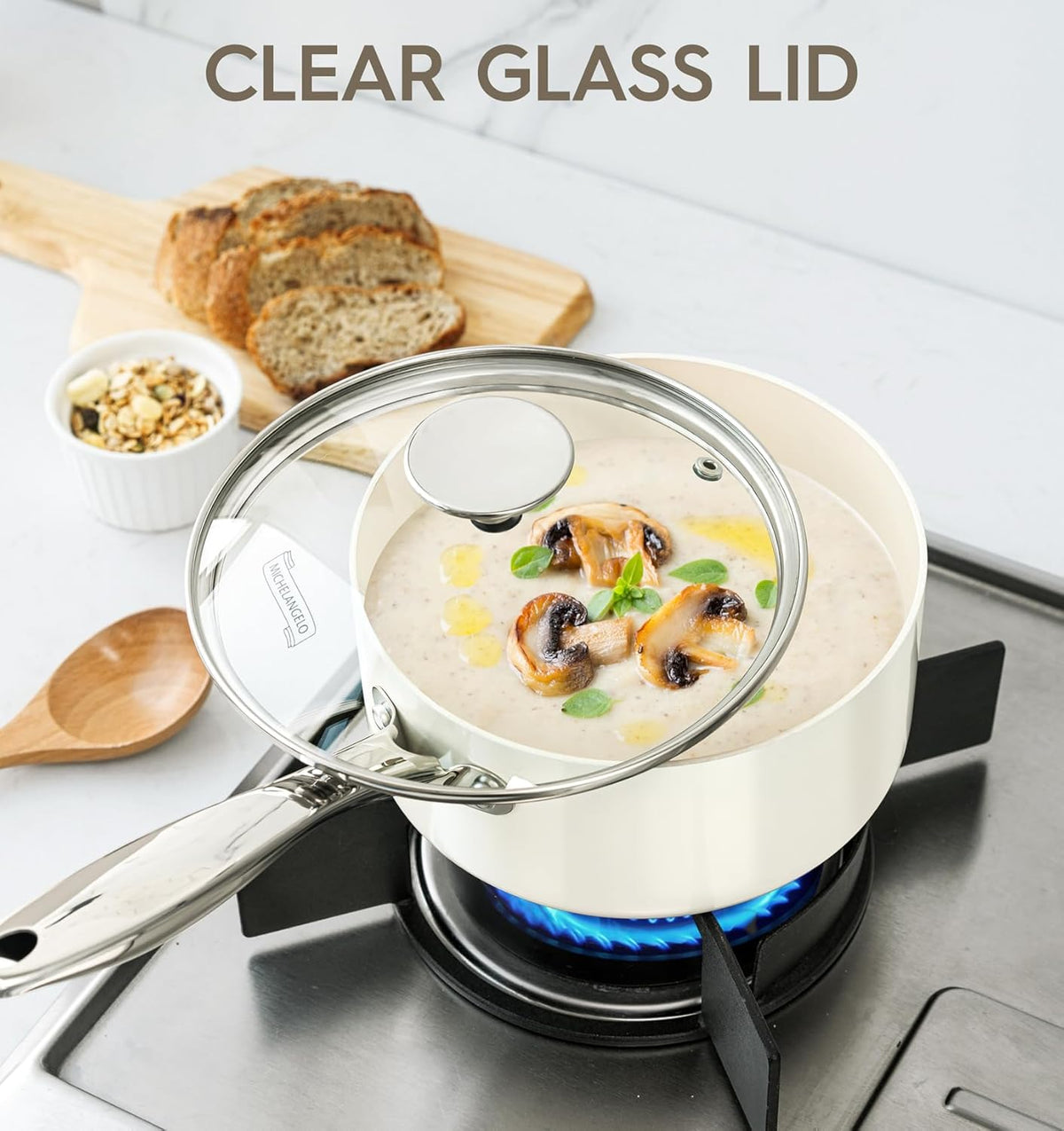 MICHELANGELO 1 Quart Saucepan with Lid, Nonstick Sauce Pan with Non-Toxic Ceramic Coating, Cream Sauce pan, 1 Qt Saucepans, Oven Safe